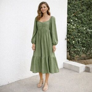 Baltic Born Olive Green Midi Dress | Boho Cottagecore Long Sleeve | Size M